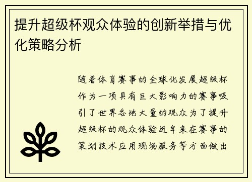 提升超级杯观众体验的创新举措与优化策略分析