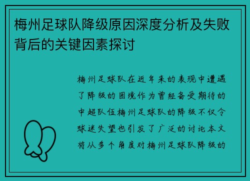梅州足球队降级原因深度分析及失败背后的关键因素探讨